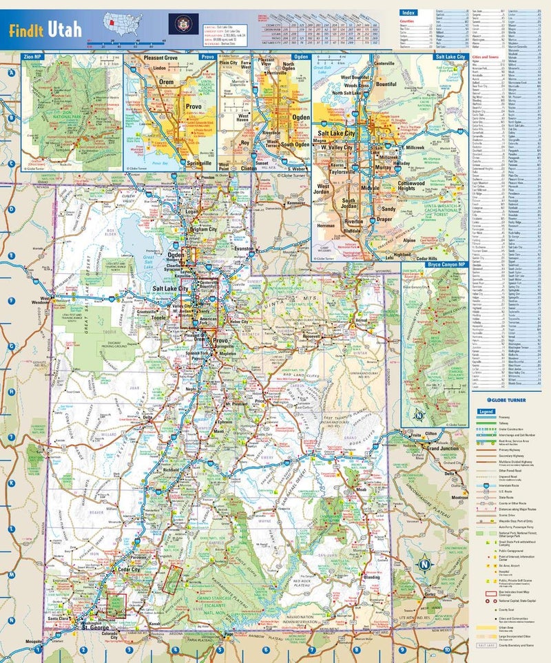 Globe Turner Utah State Wall Map - 14.75" x 17.75" Full Color Glossy Paper Travel Map